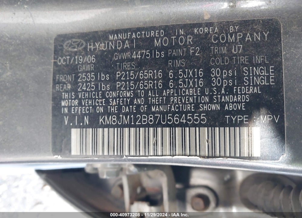 2007 HYUNDAI TUCSON GLS VIN: KM8JM12B87U564555