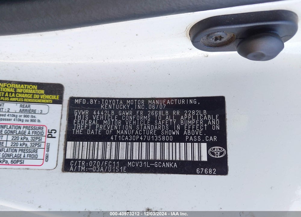 2007 TOYOTA CAMRY SOLARA SPORT V6 VIN: 4T1CA30P47U135800