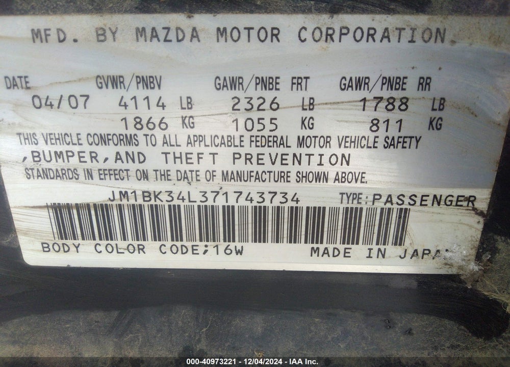 2007 MAZDA SPEED3 SPORT VIN: JM1BK34L371743734