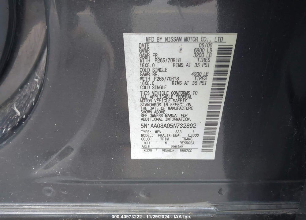 2005 NISSAN ARMADA SE VIN: 5N1AA08A05N732892