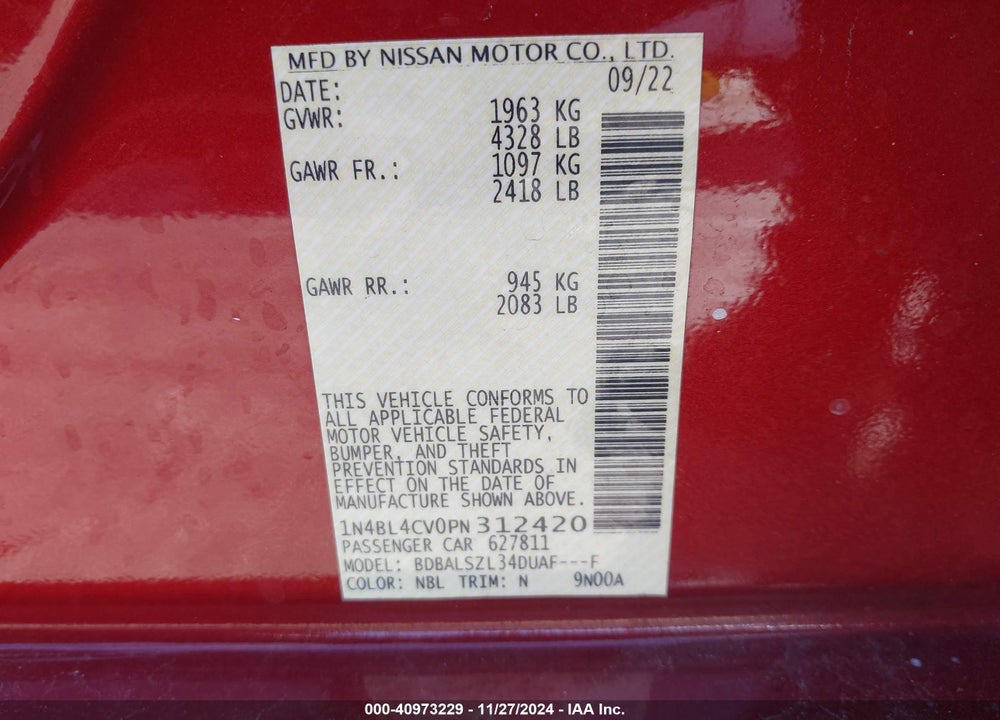 2023 NISSAN ALTIMA SR FWD VIN: 1N4BL4CV0PN312420