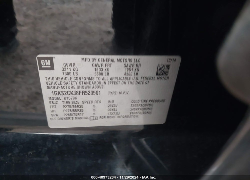2015 GMC YUKON DENALI VIN: 1GKS2CKJ8FR520501