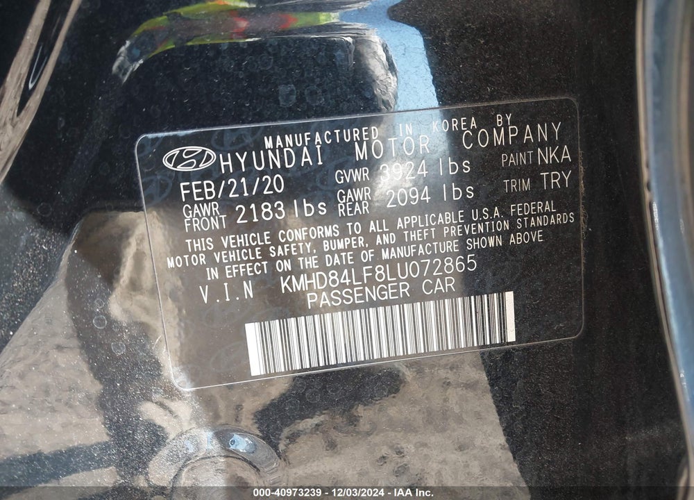 2020 HYUNDAI ELANTRA SEL VIN: KMHD84LF8LU072865