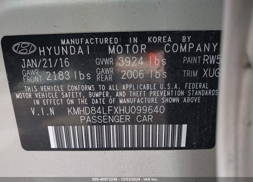 2017 HYUNDAI ELANTRA SE VIN: KMHD84LFXHU099640