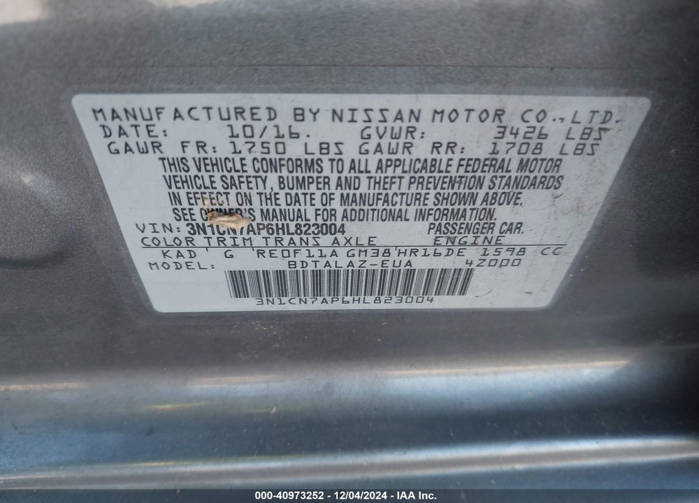 2017 NISSAN VERSA 1.6 S+ VIN: 3N1CN7AP6HL823004