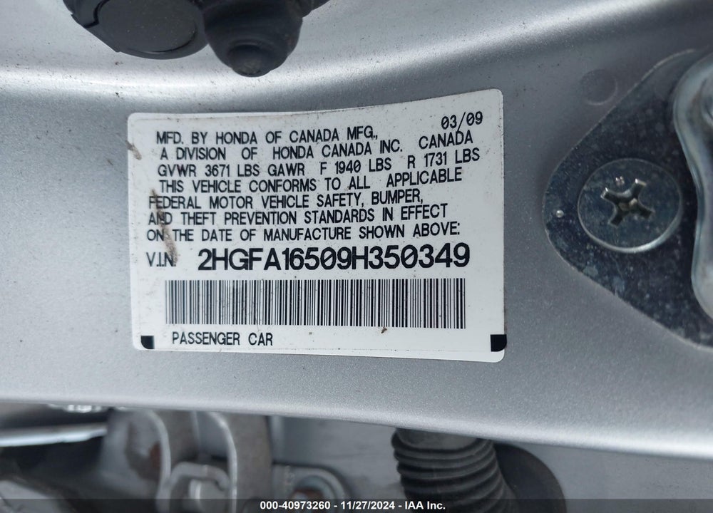 2009 HONDA CIVIC LX VIN: 2HGFA16509H350349
