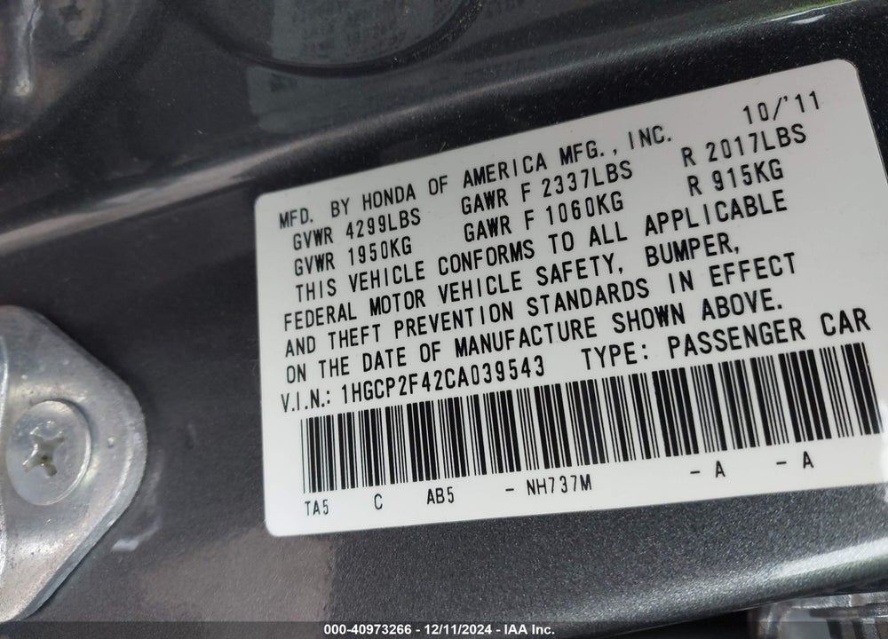 2012 HONDA ACCORD 2.4 LX-P VIN: 1HGCP2F42CA039543