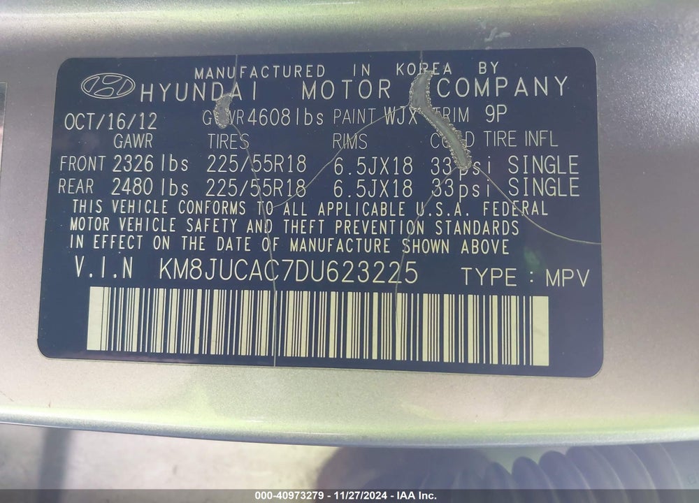 2013 HYUNDAI TUCSON LIMITED VIN: KM8JUCAC7DU623225