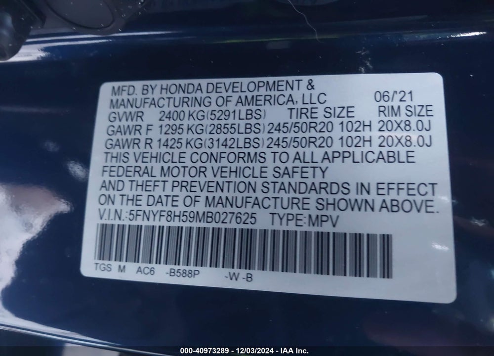2021 HONDA PASSPORT AWD EX-L VIN: 5FNYF8H59MB027625