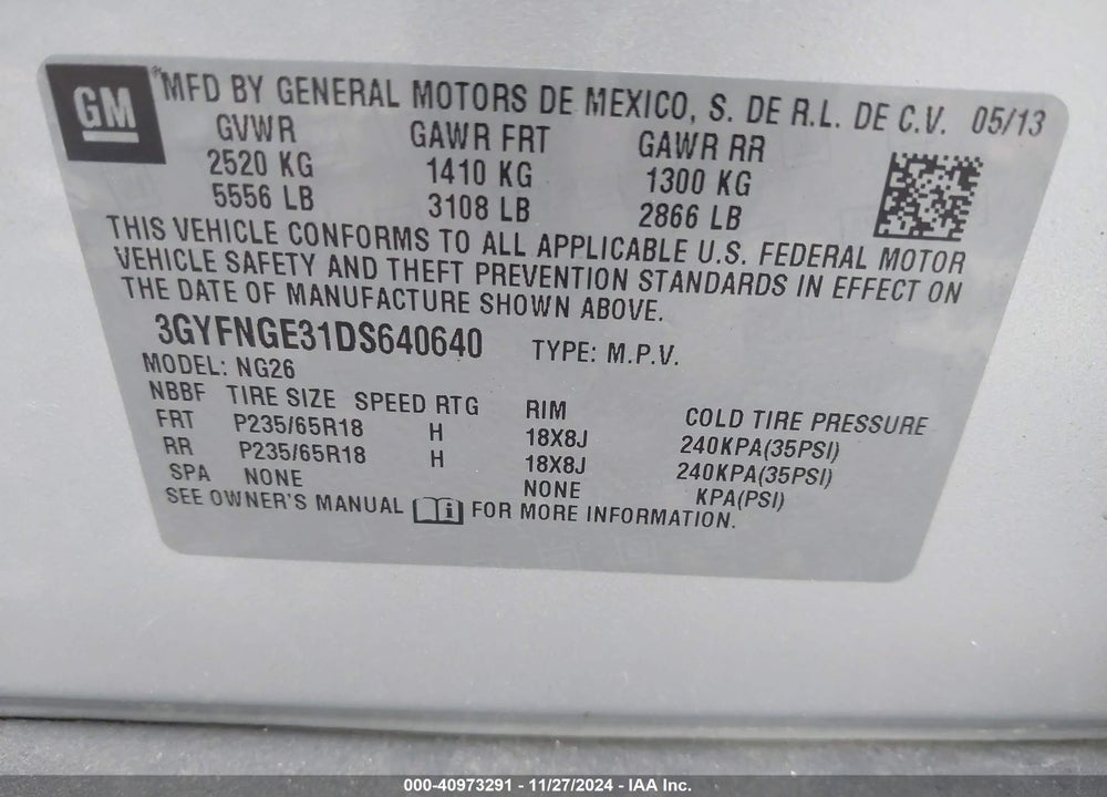 2013 CADILLAC SRX LUXURY COLLECTION VIN: 3GYFNGE31DS640640