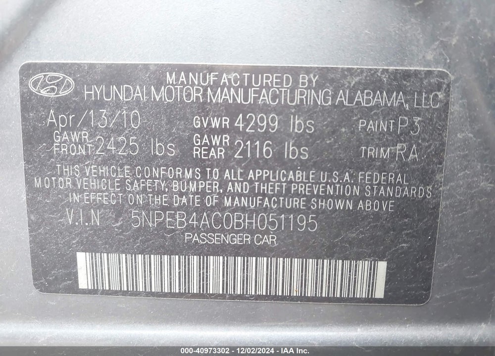 2011 HYUNDAI SONATA GLS VIN: 5NPEB4AC0BH051195
