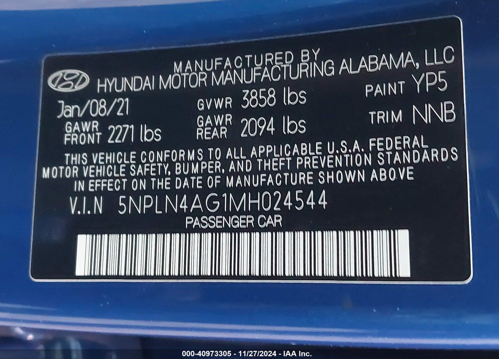2021 HYUNDAI ELANTRA SEL VIN: 5NPLN4AG1MH024544