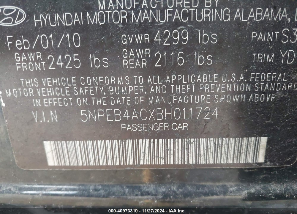 2011 HYUNDAI SONATA GLS VIN: 5NPEB4ACXBH011724
