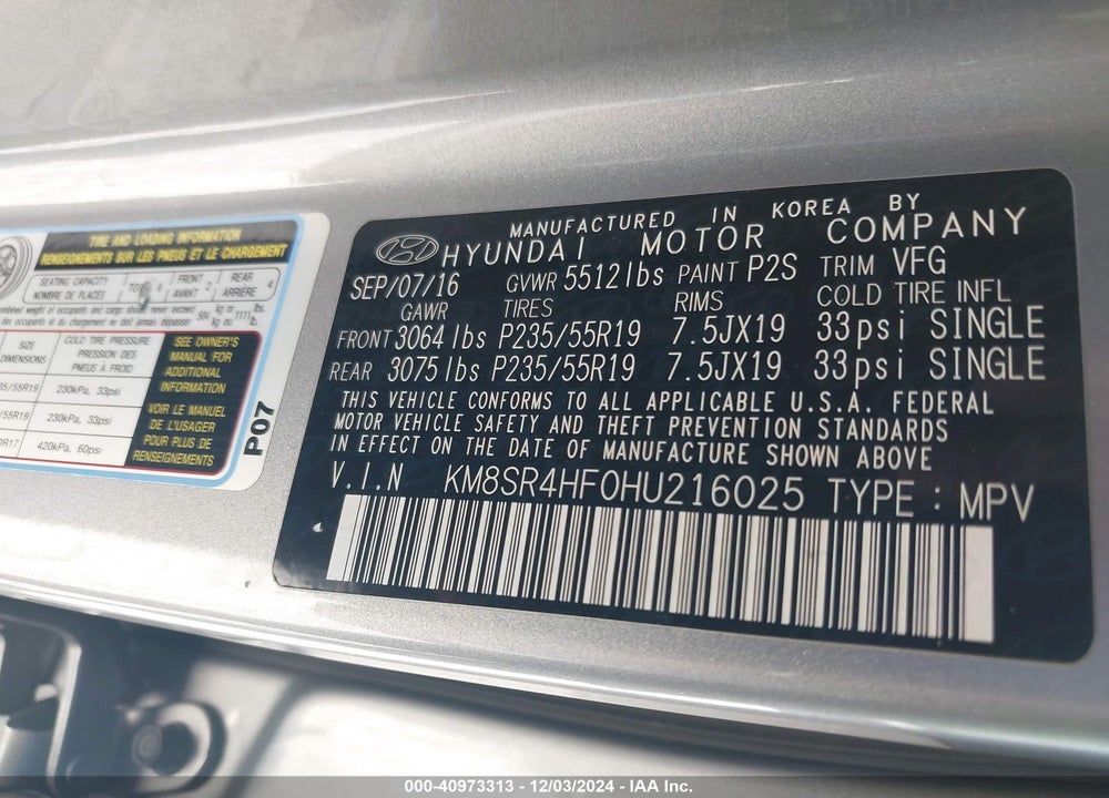 2017 HYUNDAI SANTA FE LIMITED ULTIMATE VIN: KM8SR4HF0HU216025