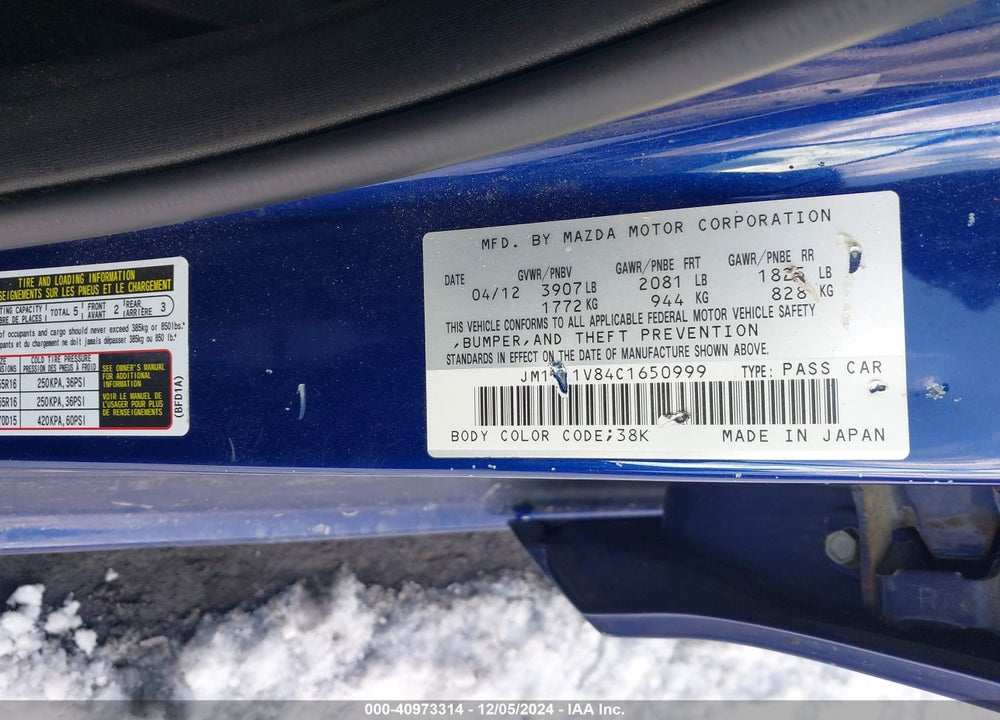 2012 MAZDA 3 I TOURING VIN: JM1BL1V84C1650999