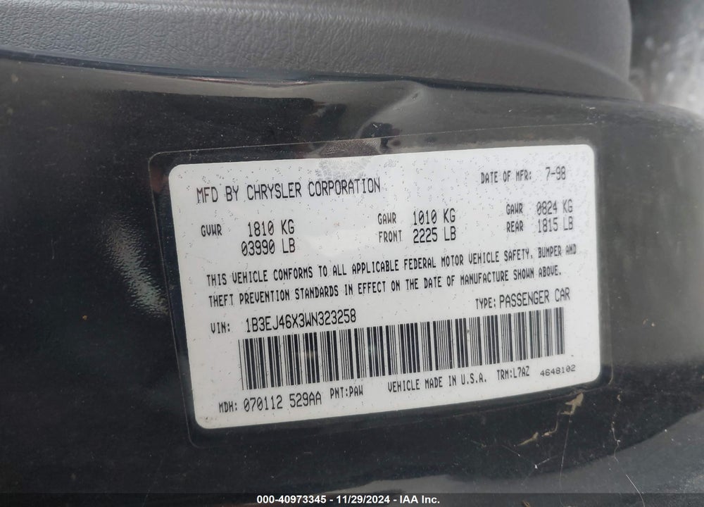 1998 DODGE STRATUS VIN: 1B3EJ46X3WN323258