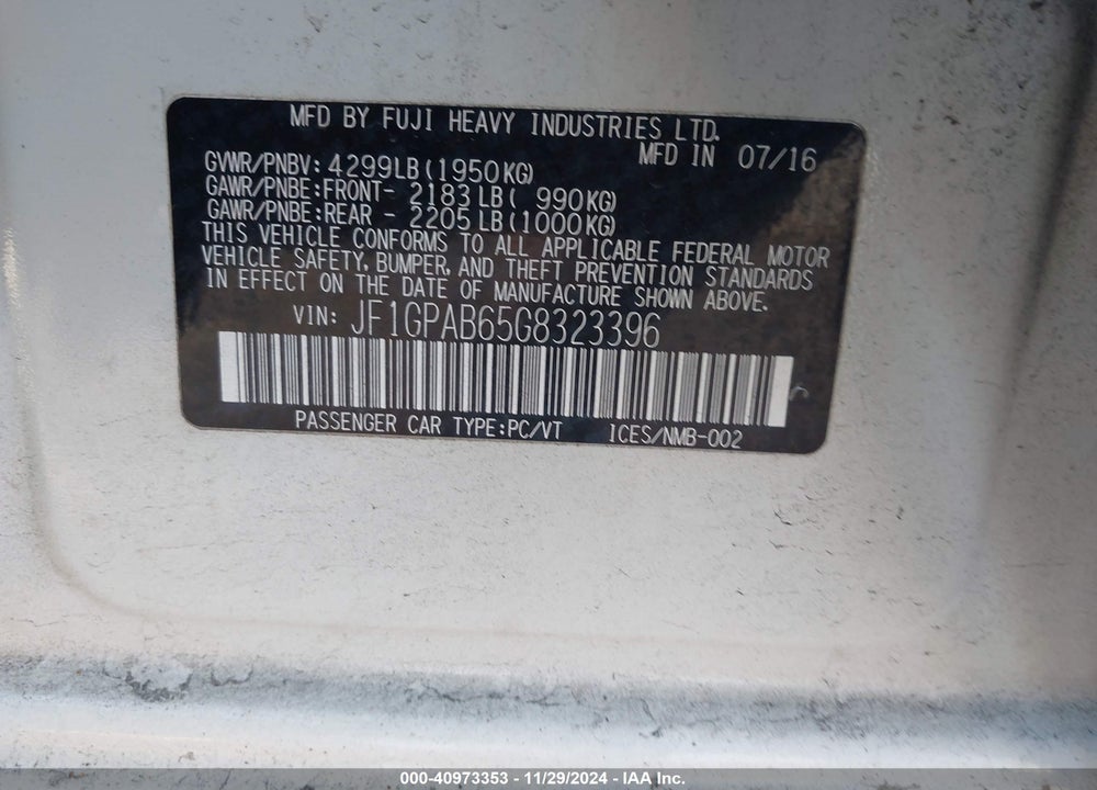 2016 SUBARU IMPREZA 2.0I PREMIUM VIN: JF1GPAB65G8323396