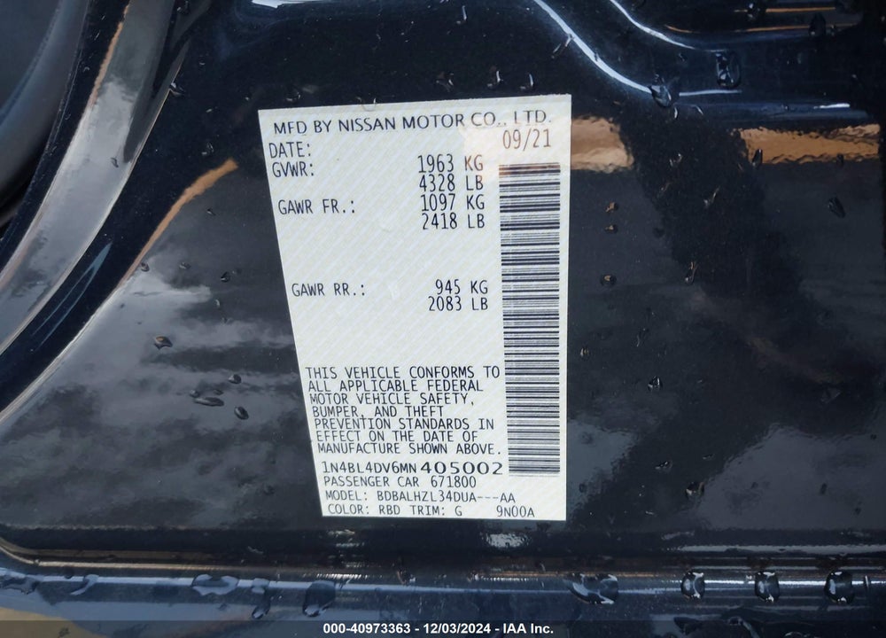 2021 NISSAN ALTIMA SV FWD VIN: 1N4BL4DV6MN405002