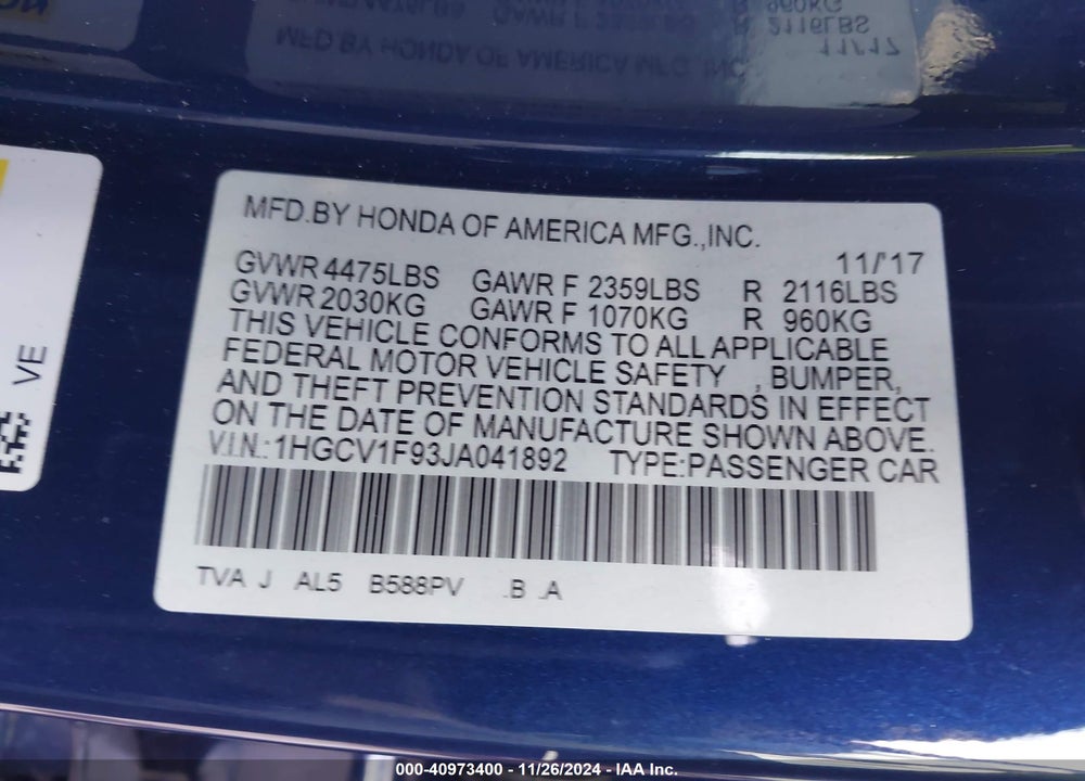 2018 HONDA ACCORD VIN: 1HGCV1F93JA041892