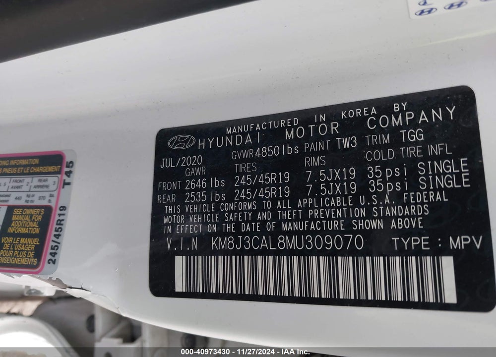 2021 HYUNDAI TUCSON SPORT VIN: KM8J3CAL8MU309070