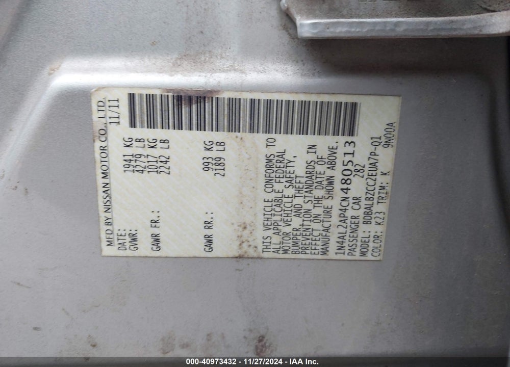 2012 NISSAN ALTIMA 2.5 S VIN: 1N4AL2AP4CN480513