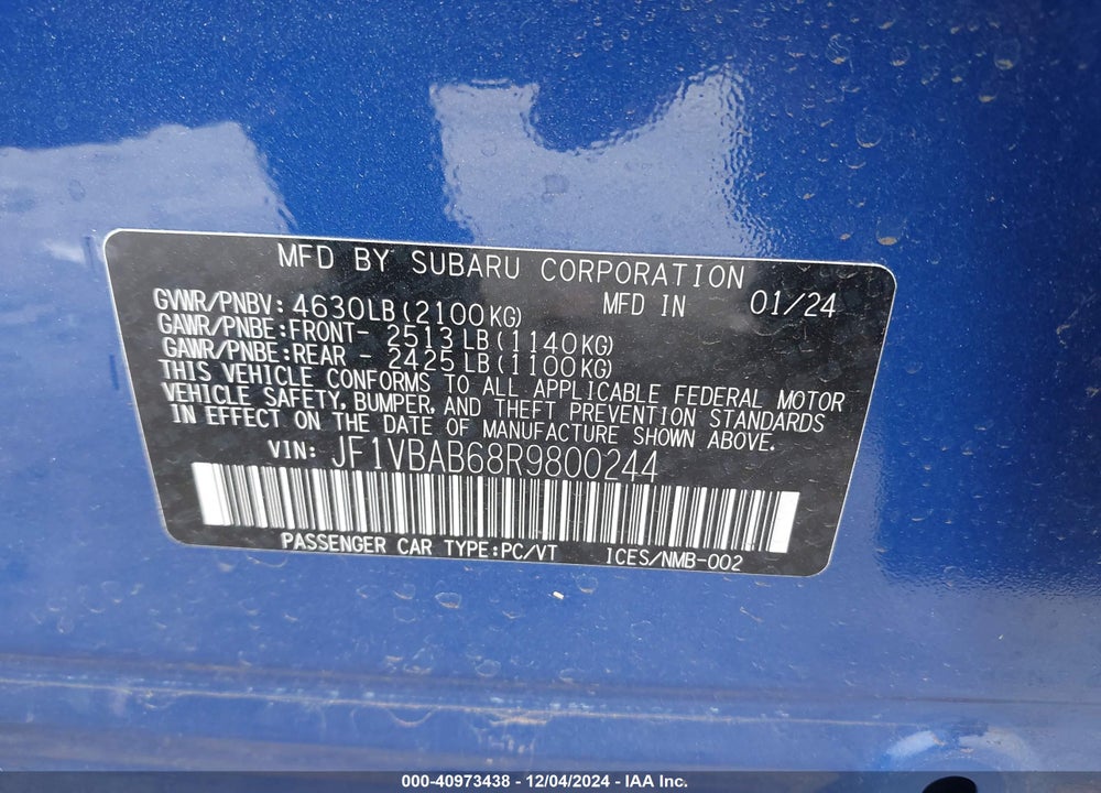 2024 SUBARU WRX VIN: JF1VBAB68R9800244