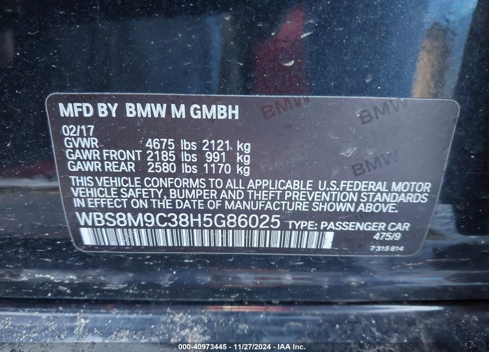 2017 BMW M3 VIN: WBS8M9C38H5G86025