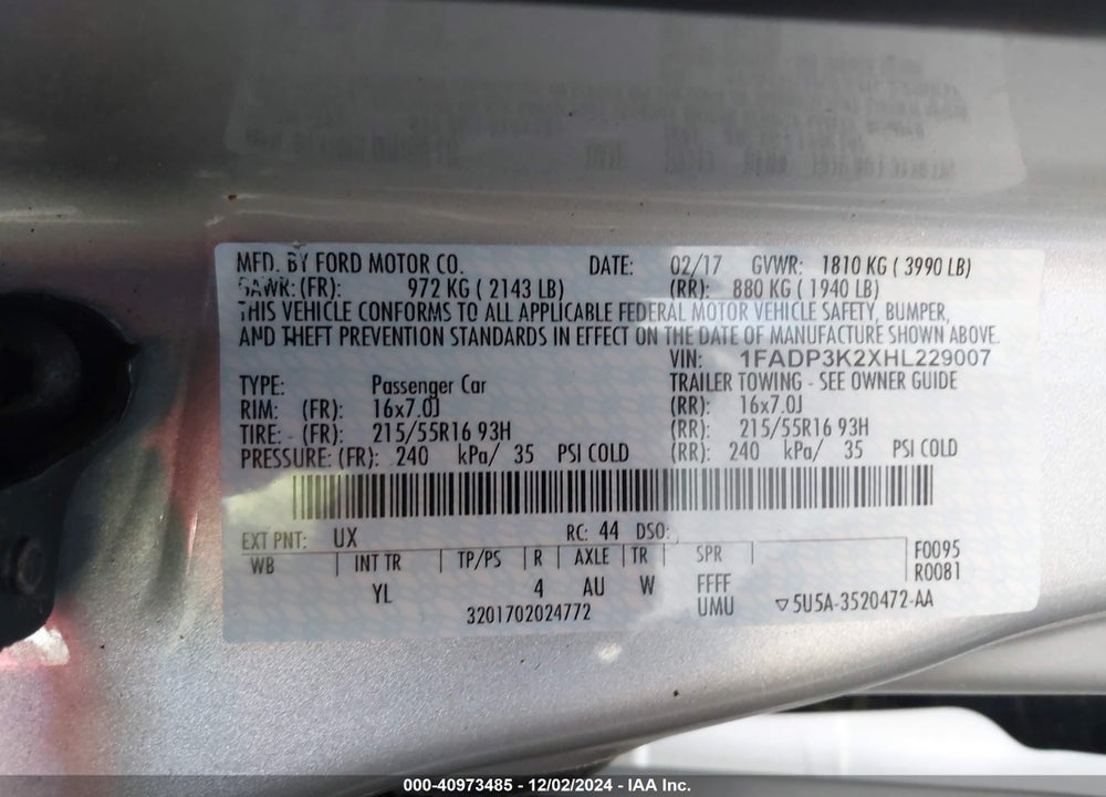 2017 FORD FOCUS SE VIN: 1FADP3K2XHL229007