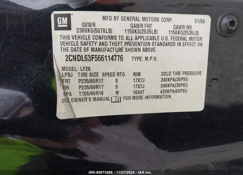 2006 CHEVROLET EQUINOX LT VIN: 2CNDL63F566114776