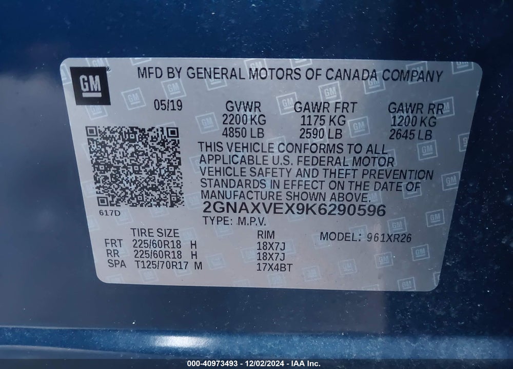 2019 CHEVROLET EQUINOX LT VIN: 2GNAXVEX9K6290596