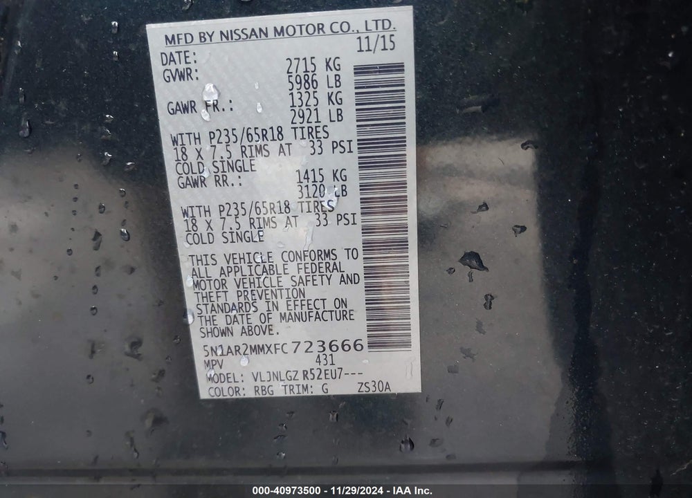 2015 NISSAN PATHFINDER SL VIN: 5N1AR2MMXFC723666