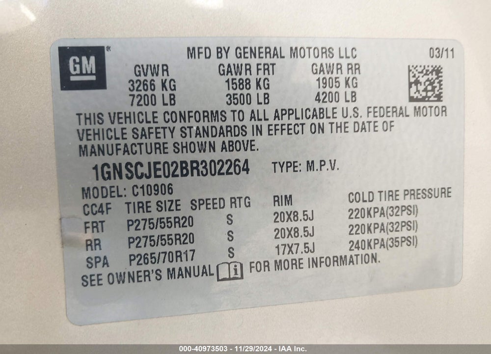 2011 CHEVROLET SUBURBAN 1500 LT1 VIN: 1GNSCJE02BR302264