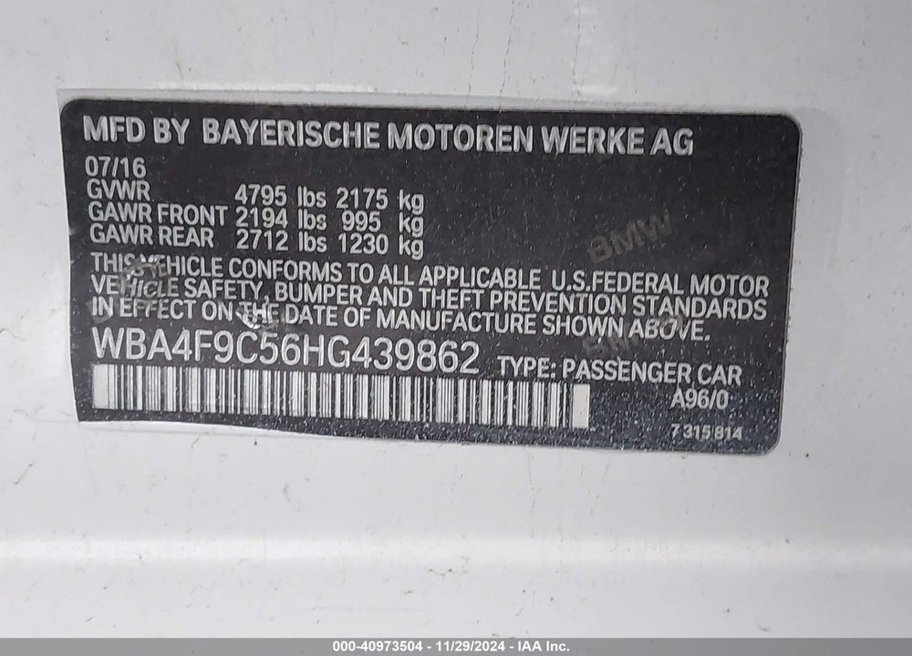 2017 BMW 430I GRAN COUPE XDRIVE VIN: WBA4F9C56HG439862