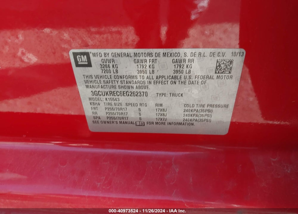 2014 CHEVROLET SILVERADO 1500 1LT VIN: 3GCUKREC6EG262370