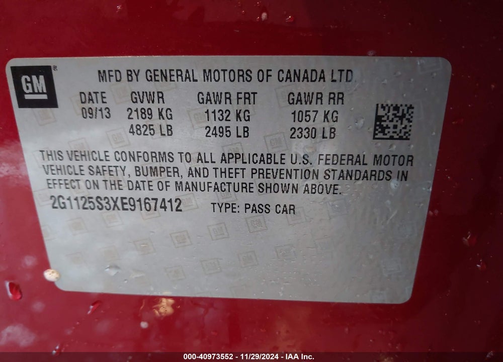 2014 CHEVROLET IMPALA 2LT VIN: 2G1125S3XE9167412