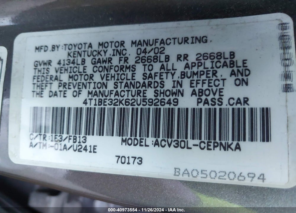 2002 TOYOTA CAMRY LE VIN: 4T1BE32K62U592649