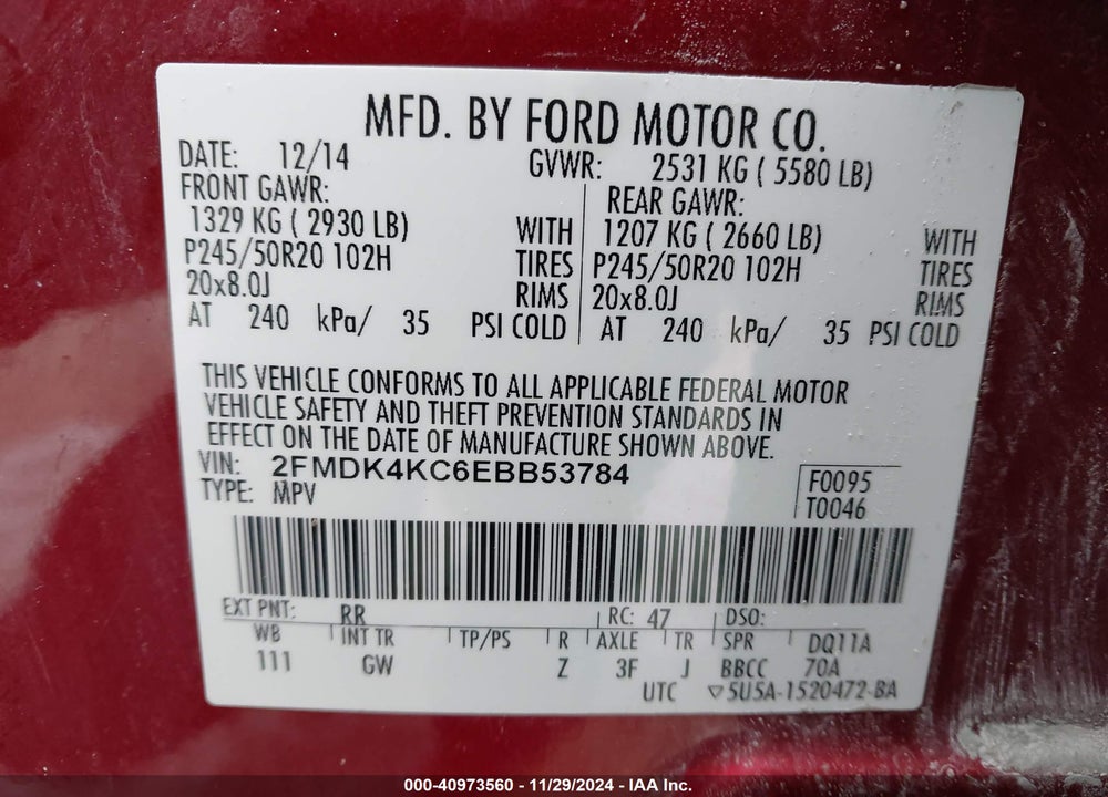2014 FORD EDGE LIMITED VIN: 2FMDK4KC6EBB53784