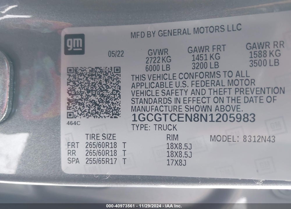 2022 CHEVROLET COLORADO 4WD SHORT BOX LT VIN: 1GCGTCEN8N1205983