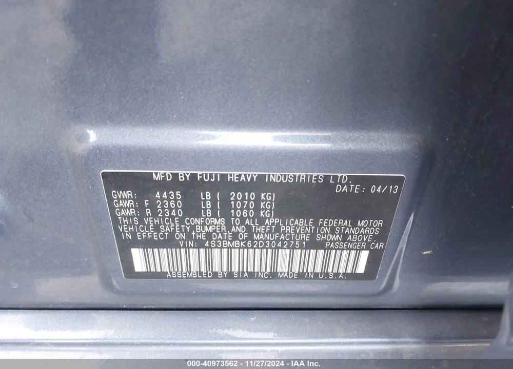 2013 SUBARU LEGACY 2.5I LIMITED VIN: 4S3BMBK62D3042751