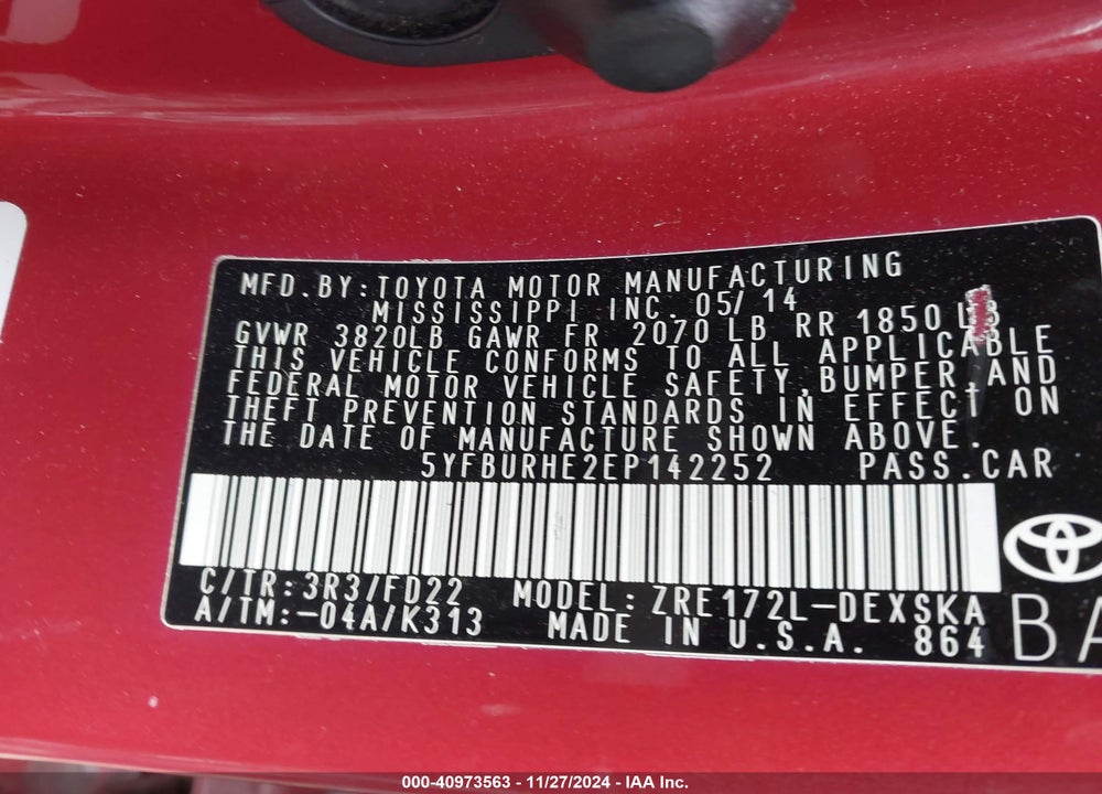 2014 TOYOTA COROLLA S PLUS VIN: 5YFBURHE2EP142252