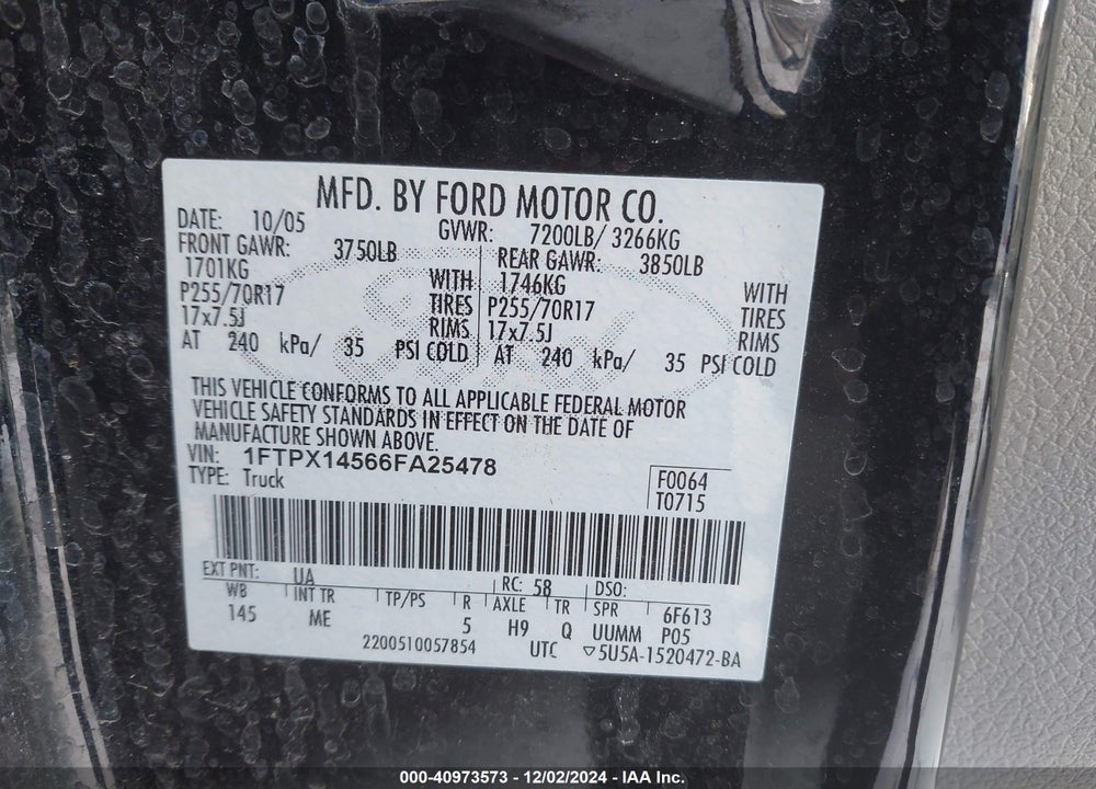 2006 FORD F-150 FX4/LARIAT/XL/XLT VIN: 1FTPX14566FA25478