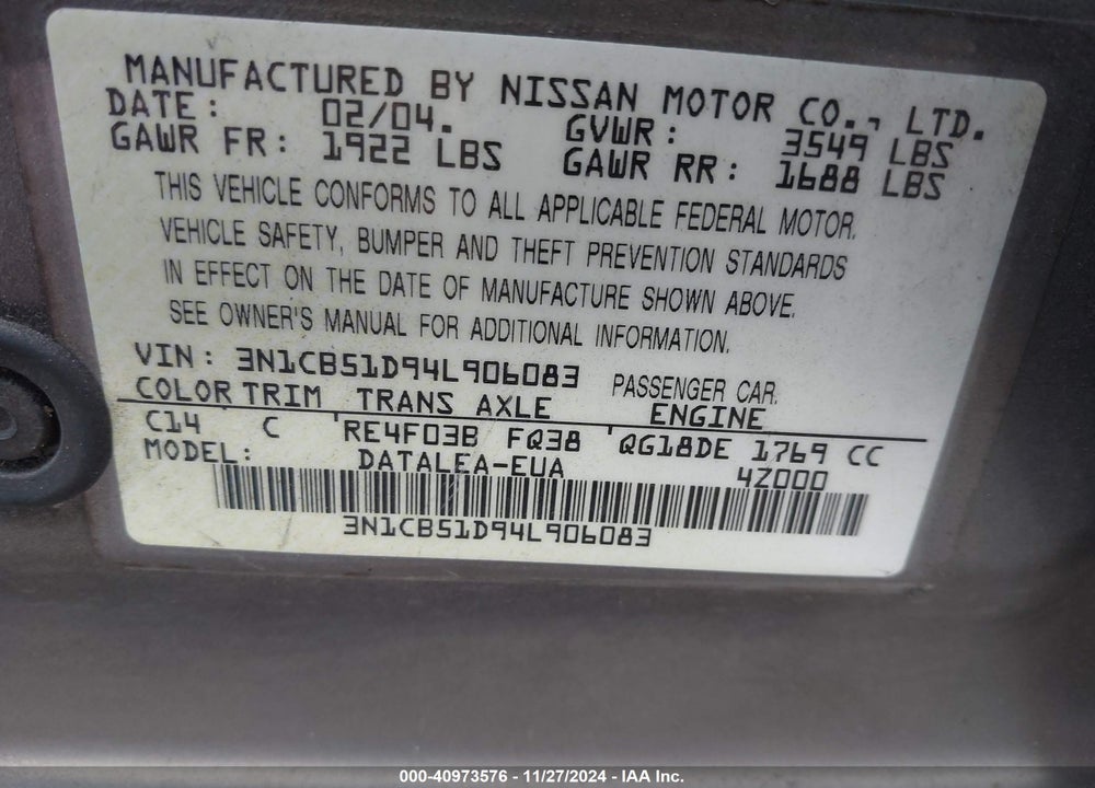 2004 NISSAN SENTRA 1.8S VIN: 3N1CB51D94L906083