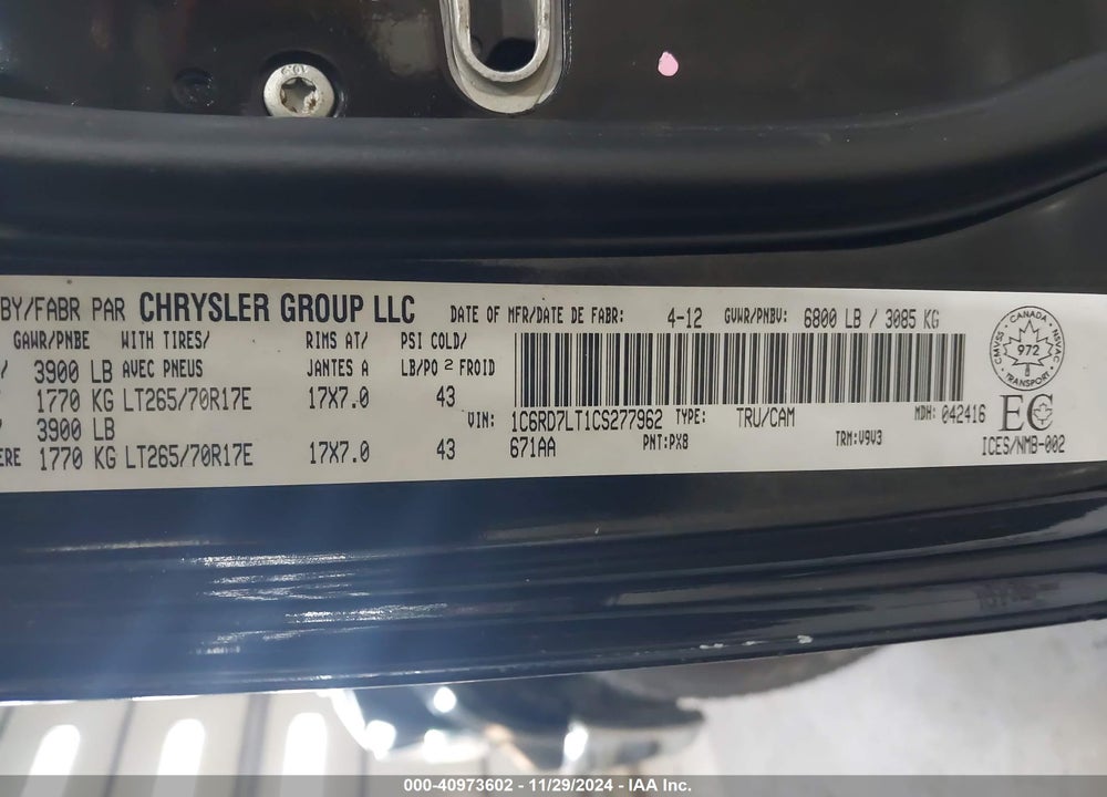 2012 RAM 1500 SLT VIN: 1C6RD7LT1CS277962