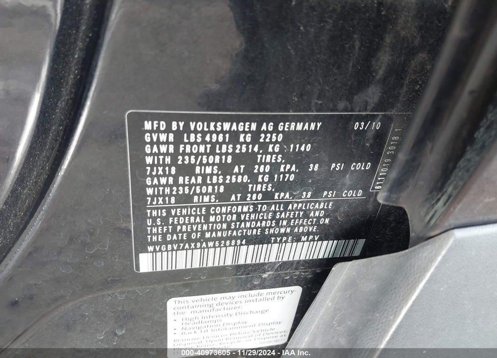 2010 VOLKSWAGEN TIGUAN SEL VIN: WVGBV7AX9AW526894