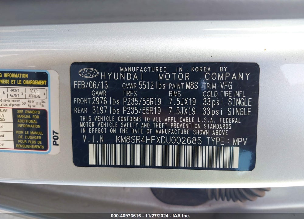 2013 HYUNDAI SANTA FE LIMITED VIN: KM8SR4HFXDU002685