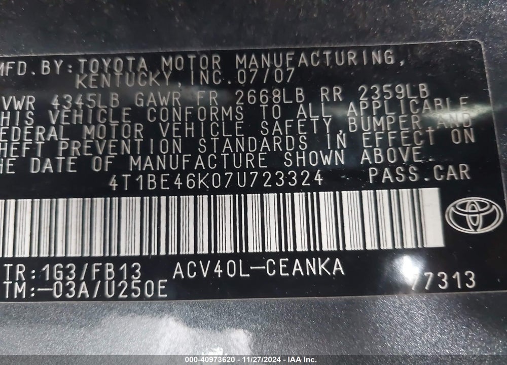 2007 TOYOTA CAMRY LE VIN: 4T1BE46K07U723324