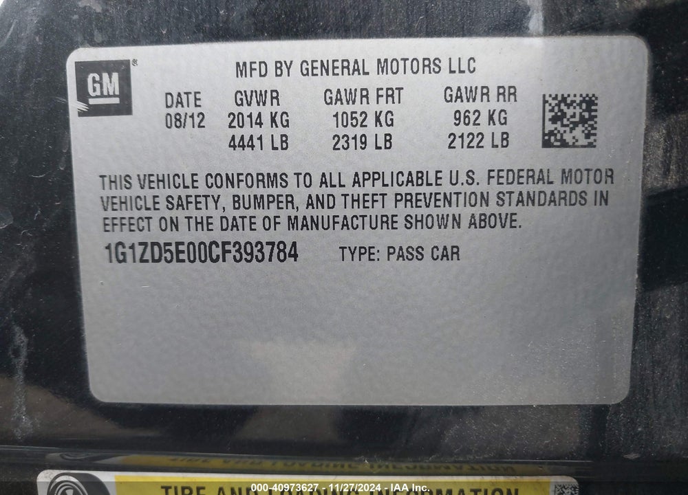 2012 CHEVROLET MALIBU 2LT VIN: 1G1ZD5E00CF393784
