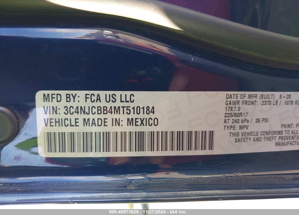 2021 JEEP COMPASS LATITUDE FWD VIN: 3C4NJCBB4MT510184