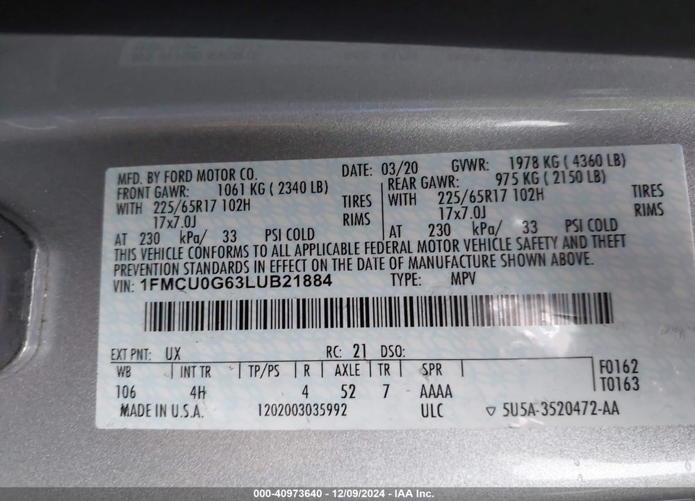 2020 FORD ESCAPE SE VIN: 1FMCU0G63LUB21884