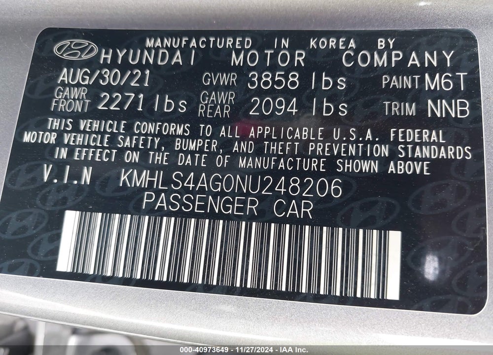 2022 HYUNDAI ELANTRA VIN: KMHLS4AG0NU248206
